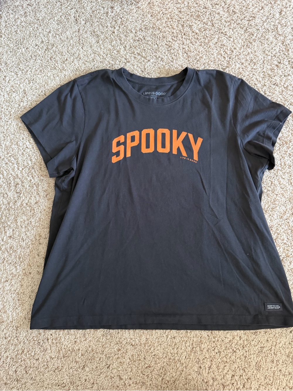 Life Is Good Black Tee with Orange "SPOOKY" Graphic